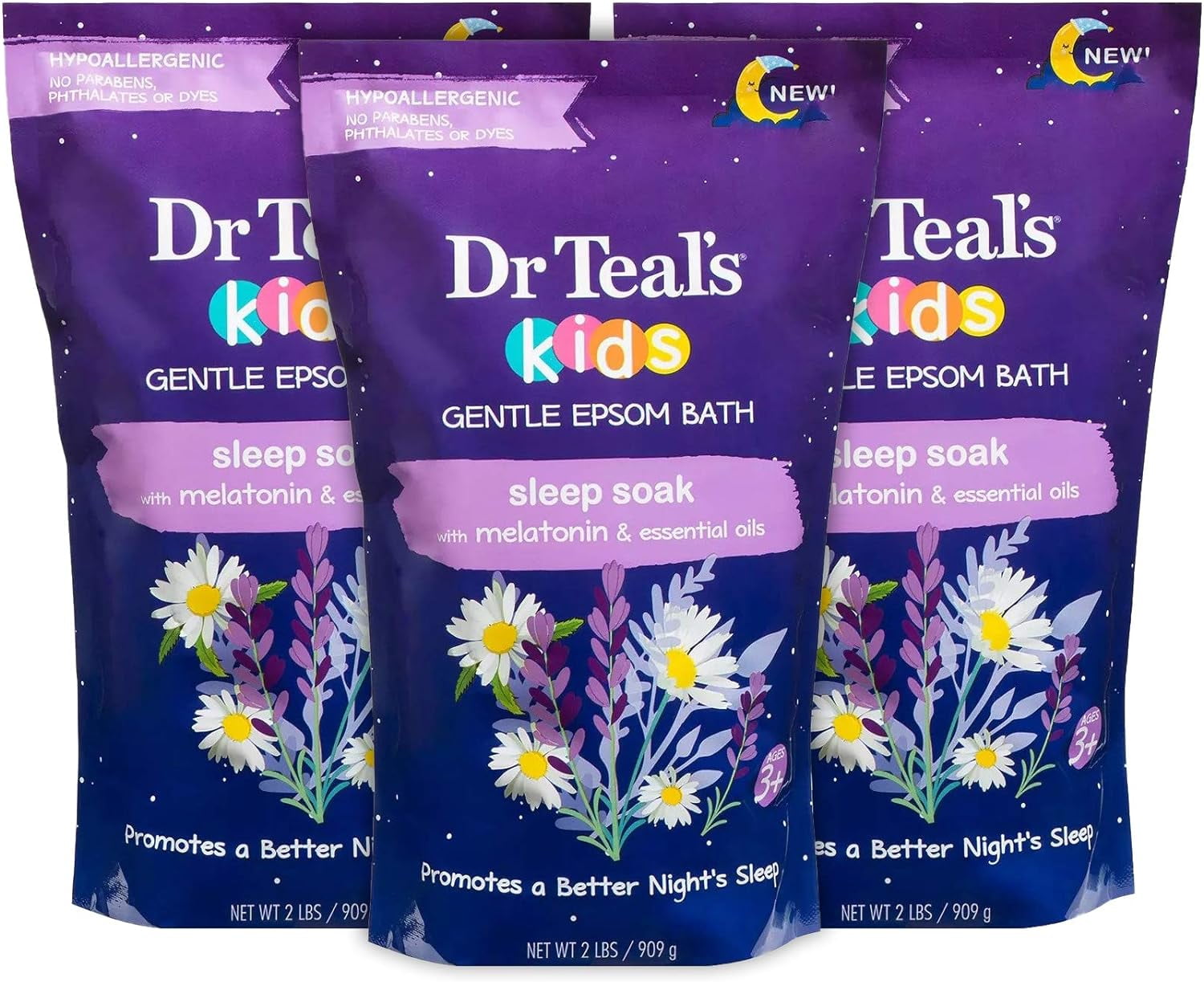 Dr. Teal's Kids' Gentle Sleep Soak Bath with Pure Epsom Salt and Melatonin - (3 Pack, 6 lbs Total) - Coconut and Other Essential Oils Relieve Stress \u0026 Soothe The Body - Hypoallergenic \u0026 Paraben Free