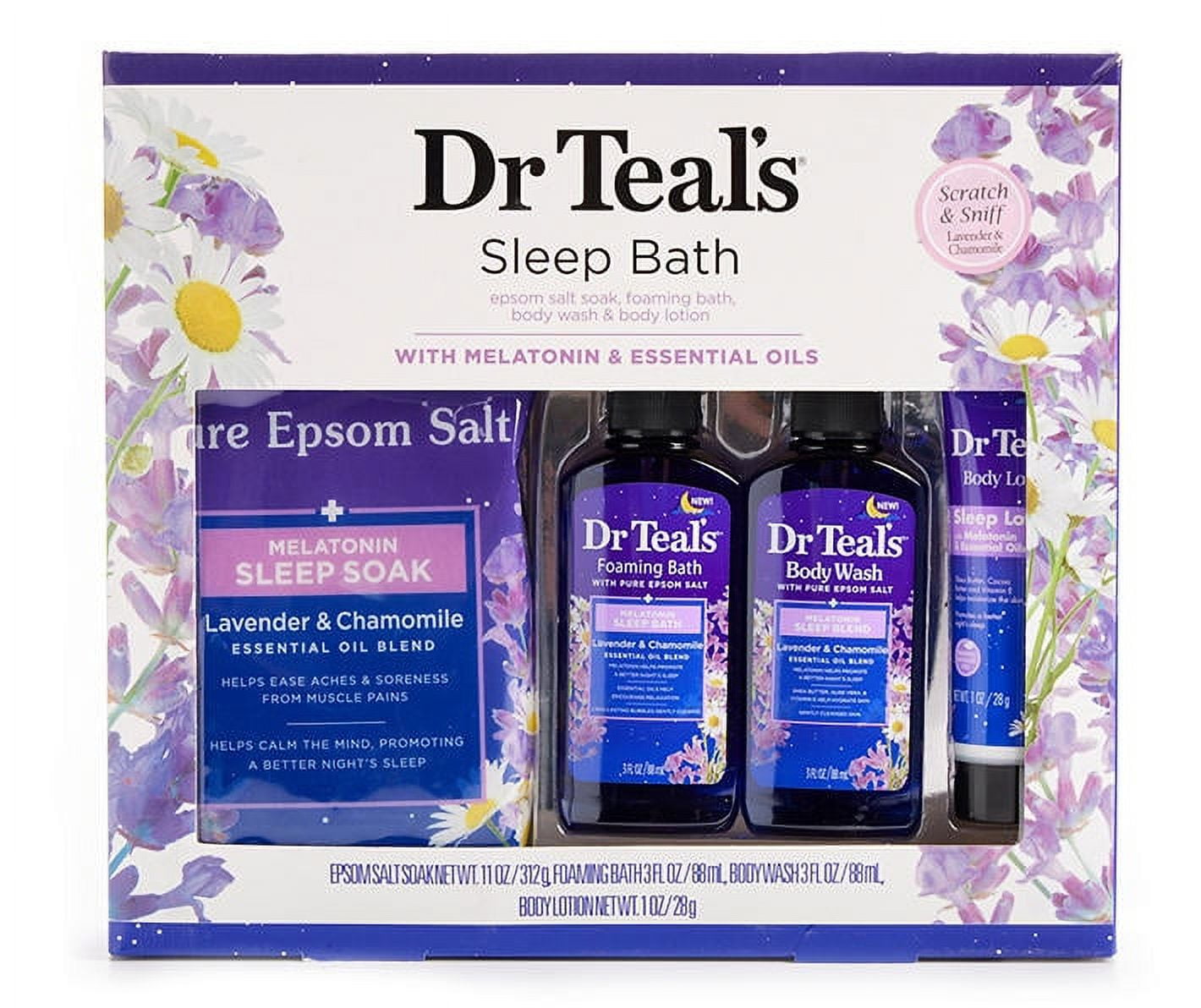 Dr Teal's Melatonin Sleep Soak Lavender Chamomile Epsom Salt 11oz, Foaming Bath 3oz, Body Wash