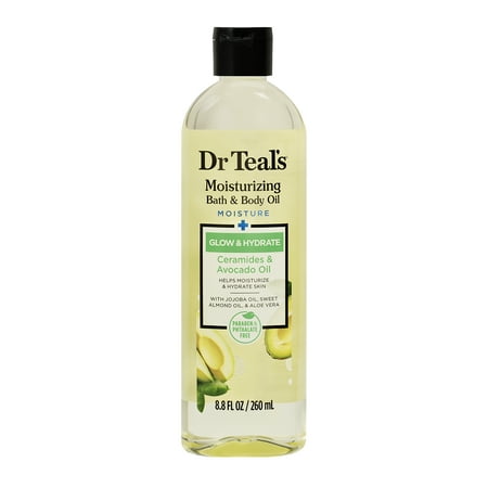 Dr Teal's Moisturizing Bath & Body Oil, Glow & Hydrate with Ceramides and Avocado Oil, 8.8 fl oz