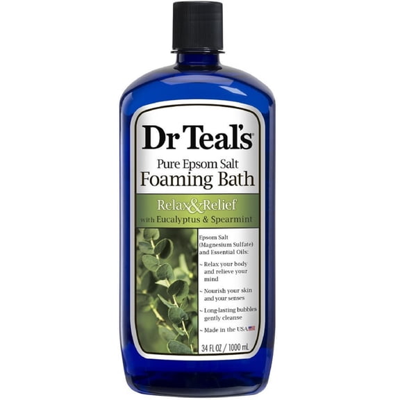 Dr Teal's Pure Epsom Salt Foaming Bath, Relax & Relief with Eucalyptus & Spearmint 34 oz (Pack of 2)