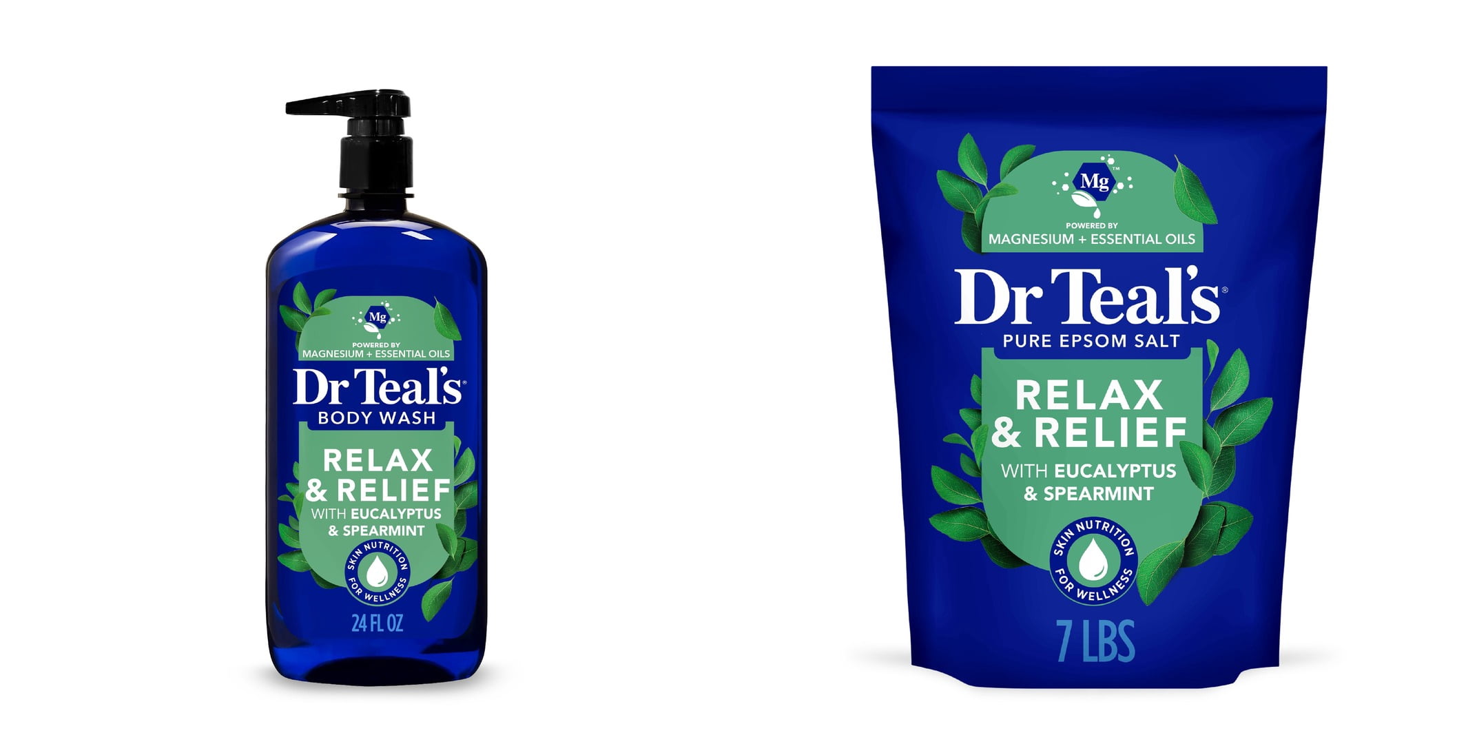 Dr Teal's Relax & Relief Body Wash with Pure Epsom Salt, Eucalyptus & Spearmint Essential Oils & Dr Teal's Epsom Salt Magnesium Soak, Relax & Relief with Eucalyptus & Spearmint, 7 lbs Bundle