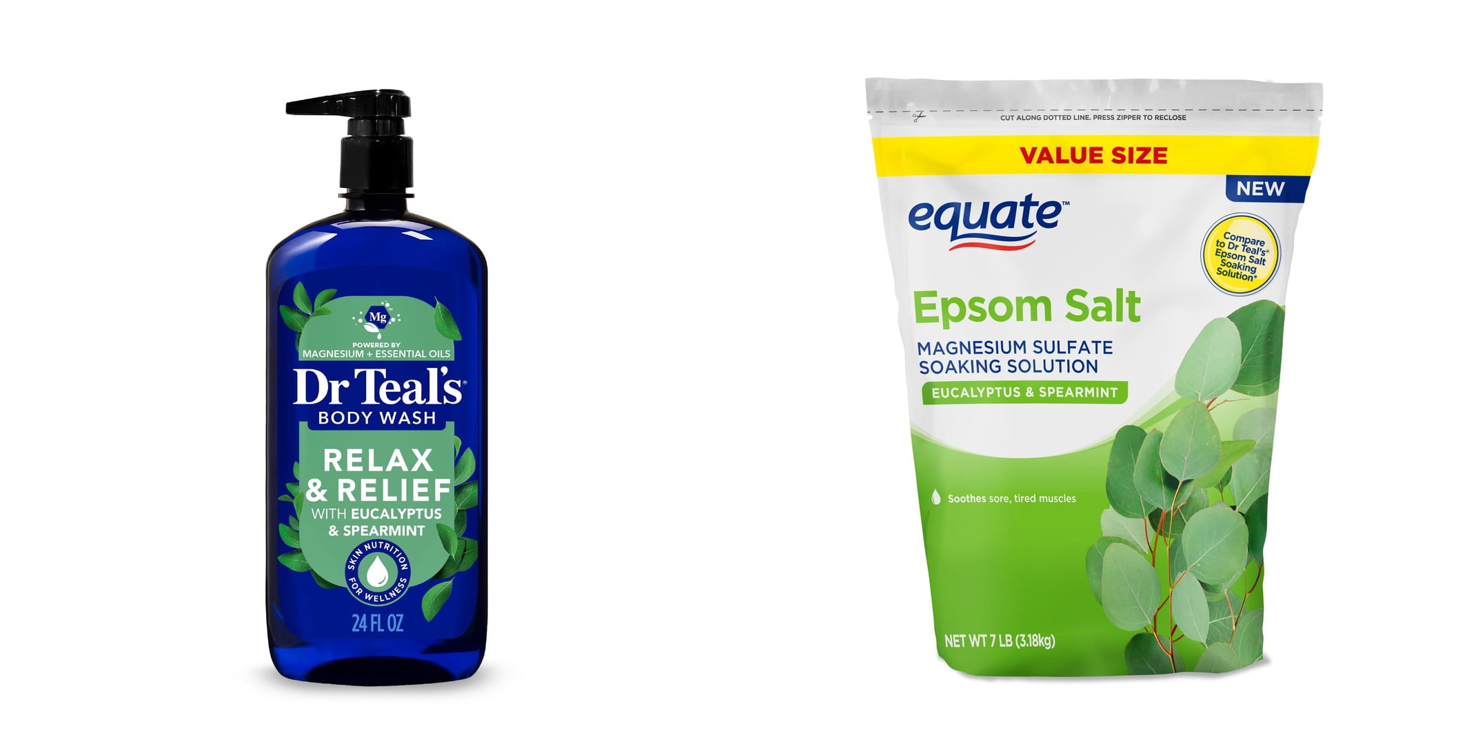 Dr Teal's Relax & Relief Body Wash with Pure Epsom Salt, Eucalyptus & Spearmint Essential Oils & Equate Epsom Salt Soaking Solution, Eucalyptus and Spearmint, 7 lbs Bundle