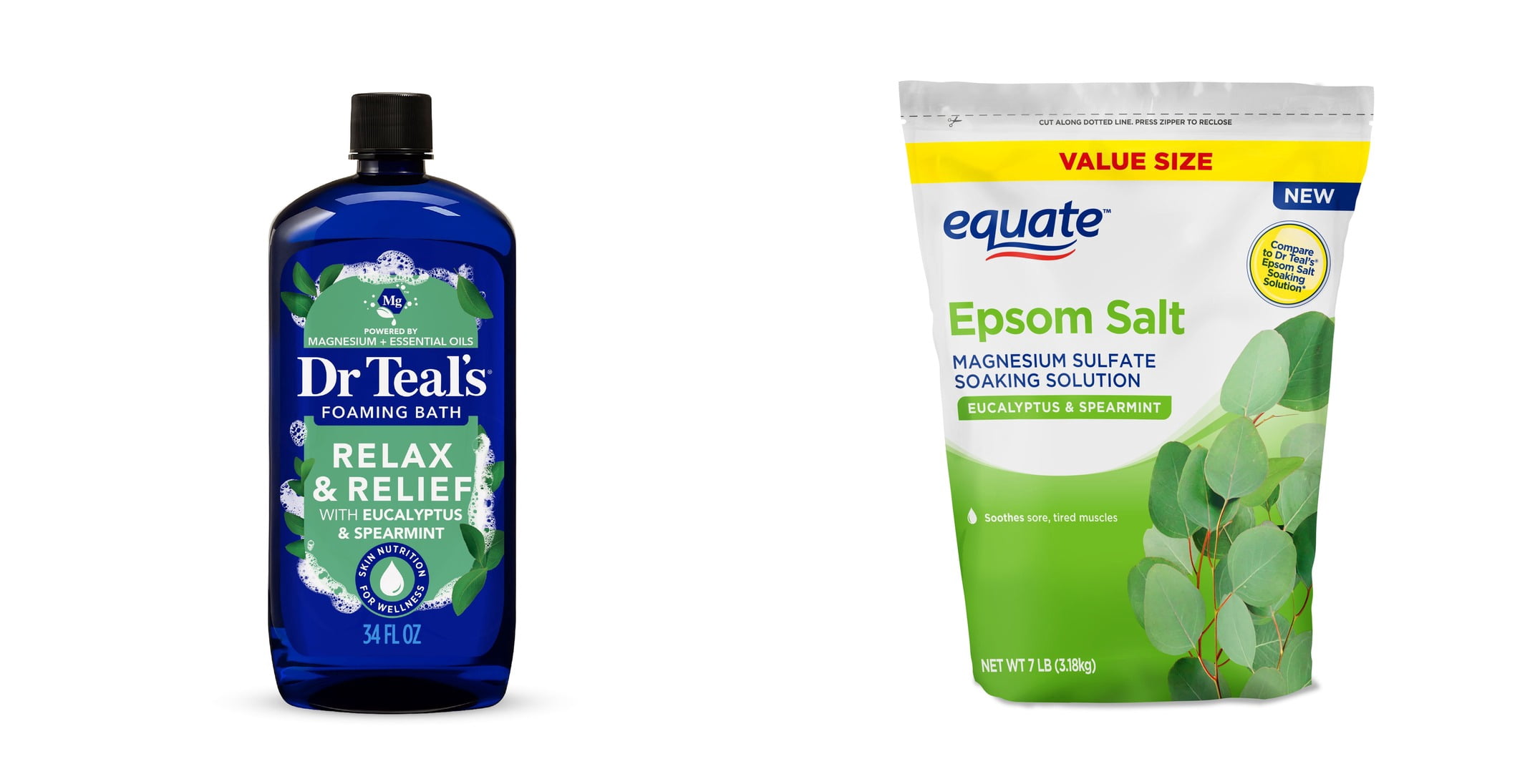 Dr Teal's Relax & Relief Foaming Bath with Pure Epsom Salt, Eucalyptus & Spearmint Essential Oils & Equate Epsom Salt Soaking Solution, Eucalyptus and Spearmint, 7 lbs Bundle