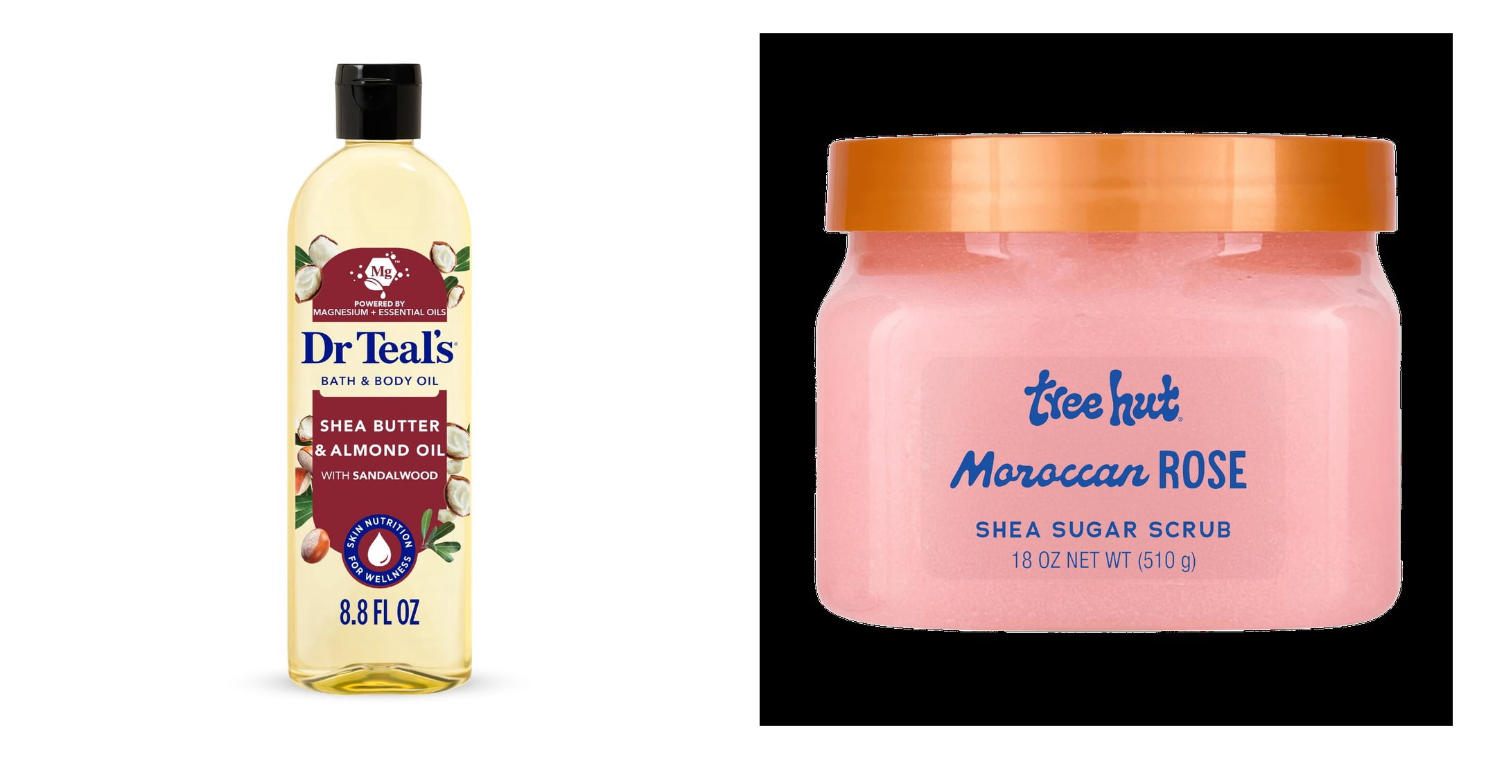 Dr Teal's Shea Butter Moisturizing Bath & Body Oil & Tree Hut Shea Sugar Scrub Moroccan Rose Bundle