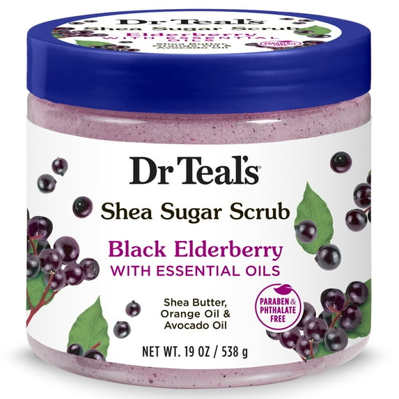 Dr Teal's Shea Sugar Body Scrub, Black Elderberry with Essential Oils, 19 oz