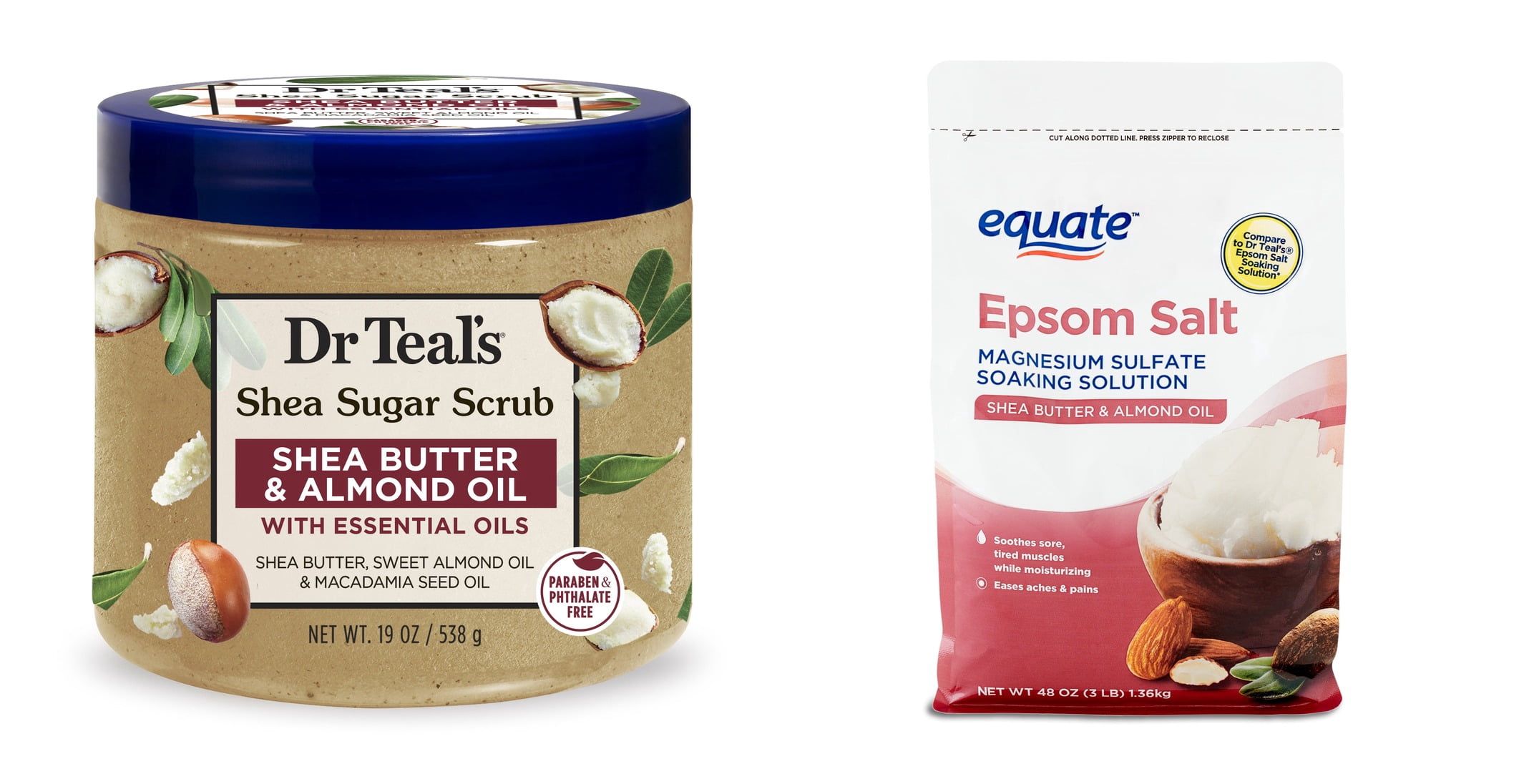Dr Teal's Shea Sugar Body Scrub with Shea Butter, Almond & Essential Oils & Equate Epsom Salt Soaking Solution with Shea Butter and Almond Oil, 3 lbs Bundle