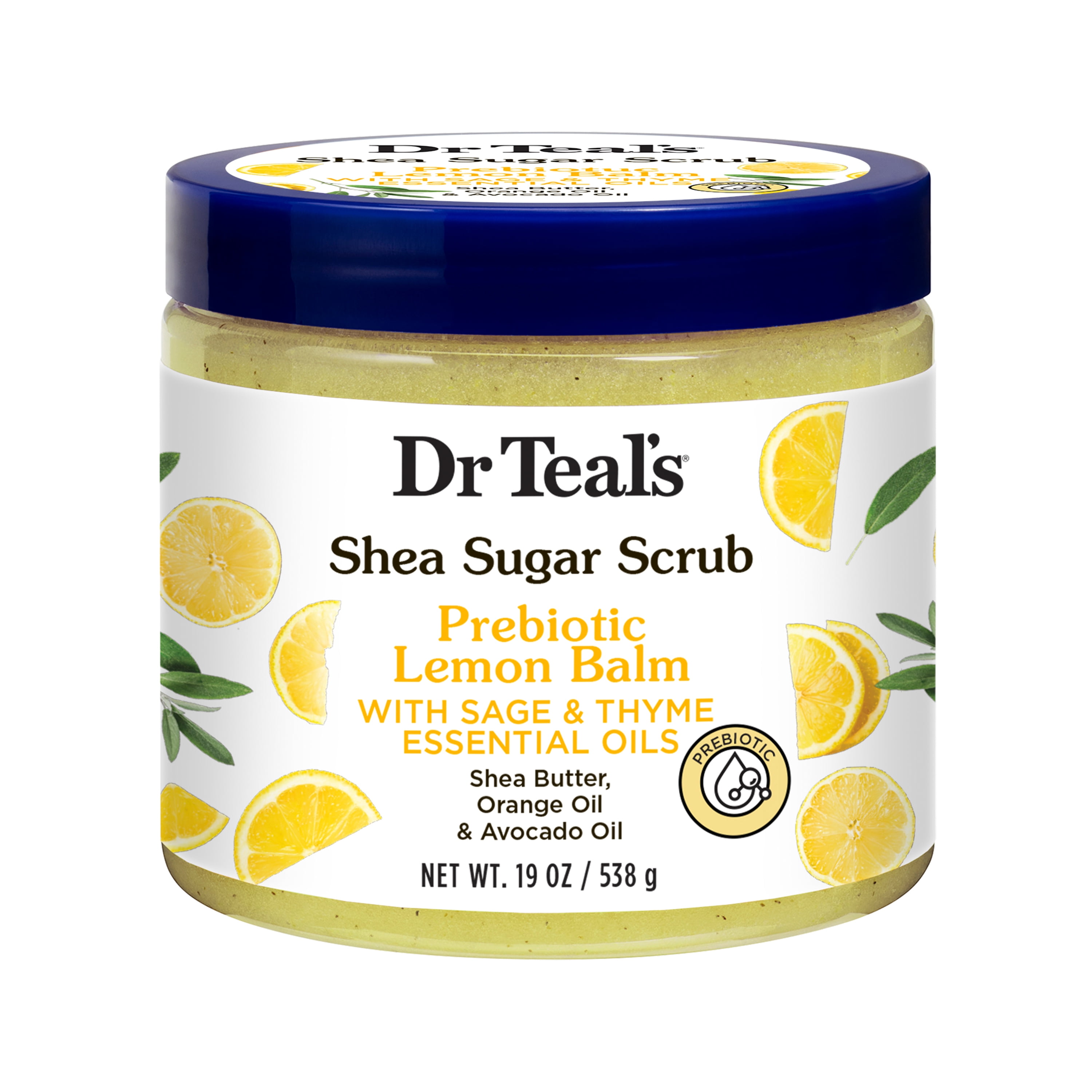Dr Teal's Shea Sugar Body Scrub with Prebiotic Lemon Balm and Essential Oils, 19 oz