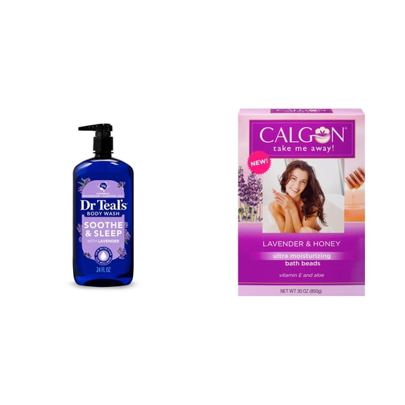 Dr Teal's Soothe & Sleep Body Wash with Pure Epsom Salt & Lavender Essential Oil & Calgon Lavender Moisturizing Bath Beads with Aloe & Vitamin E Bundle