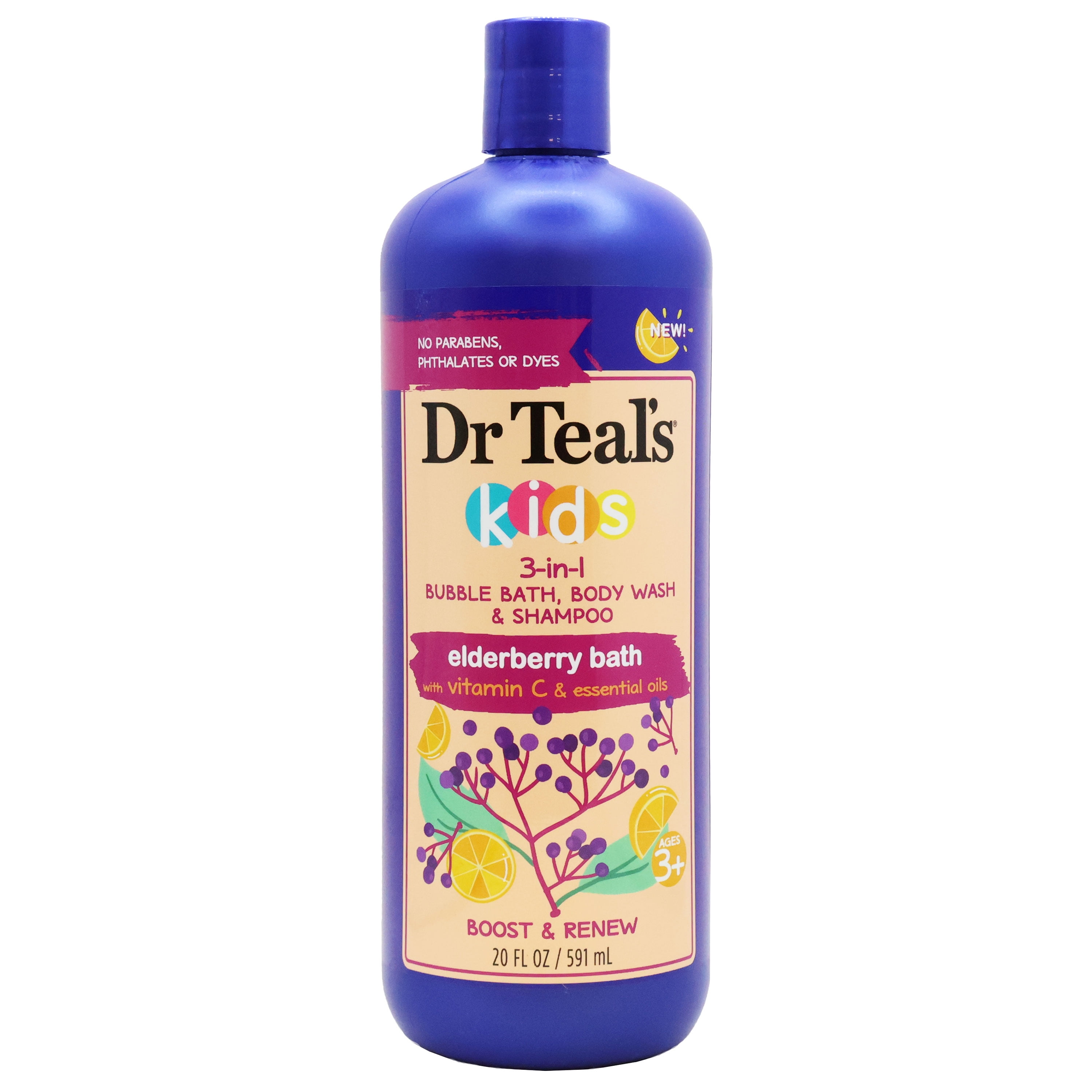 Dr Teals Kids 3In1 Bubble Bath, Body Wash and Shampoo Elderberry 20 Oz.,Pack of 2