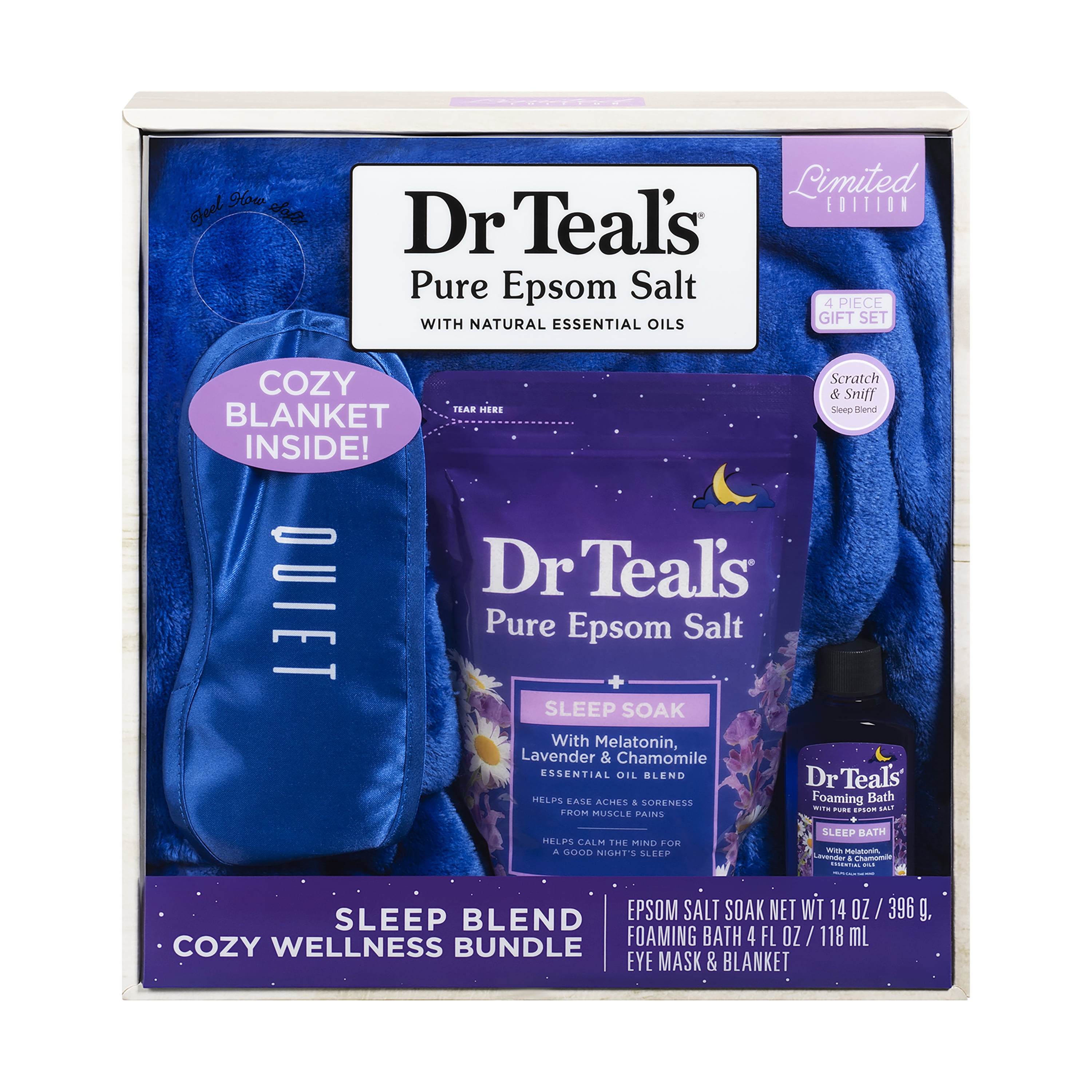 Dr Teal's Sleep Blend Cozy Wellness Bundle, Melatonin, Lavender and Chamomile, 4 Pieces