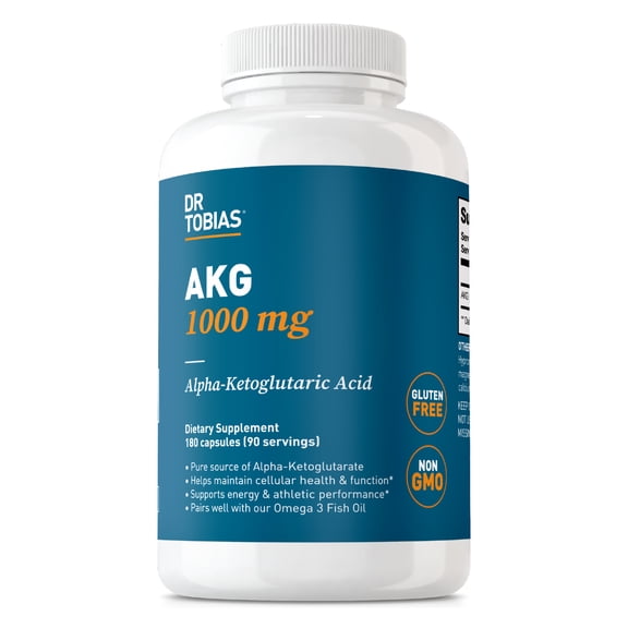 Dr. Tobias AKG Supplement, 1000 mg Alpha Ketoglutaric Acid, Supports Cellular Energy & Nitric Oxide Flow, Bioavailable Alpha Ketoglutarate, Vegan, Gluten-Free, Non-GMO, 180 Capsules, 90 Serving