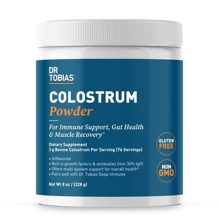 Dr. Tobias Colostrum Powder, Premium Bovine Colostrum Supplement For Immune Support, Gut Health & Muscle Recovery, 3g Per Serving, Minimum 30% IgG, Unflavored, 8 oz, 76 Servings
