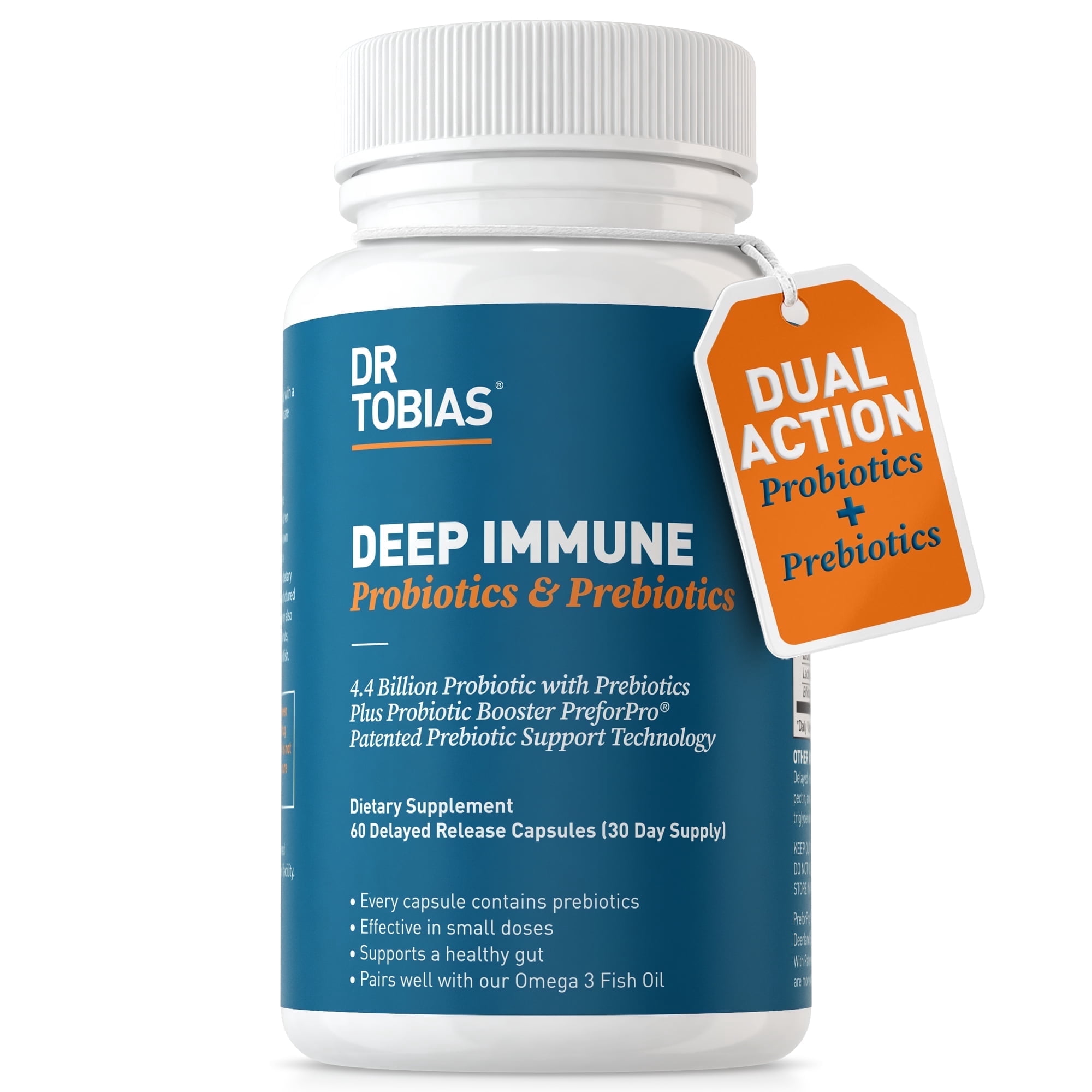 Dr. Tobias Deep Immune Probiotics & Prebiotics - Dual Action Digestion & Immune Support with PreforPro Prebiotics & Delayed Release Spore Forming Probiotics for Women & Men 60 Capsules 30 Servings