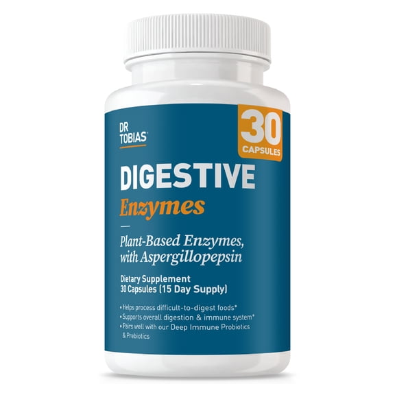 Dr. Tobias Digestive Enzymes Digestion Supplement with 18 Enzymes for Digestion and Gut Health | Includes Amylase Bromelain Lipase Lactase Protease Papain & More (30 Capsules 15 Servings)