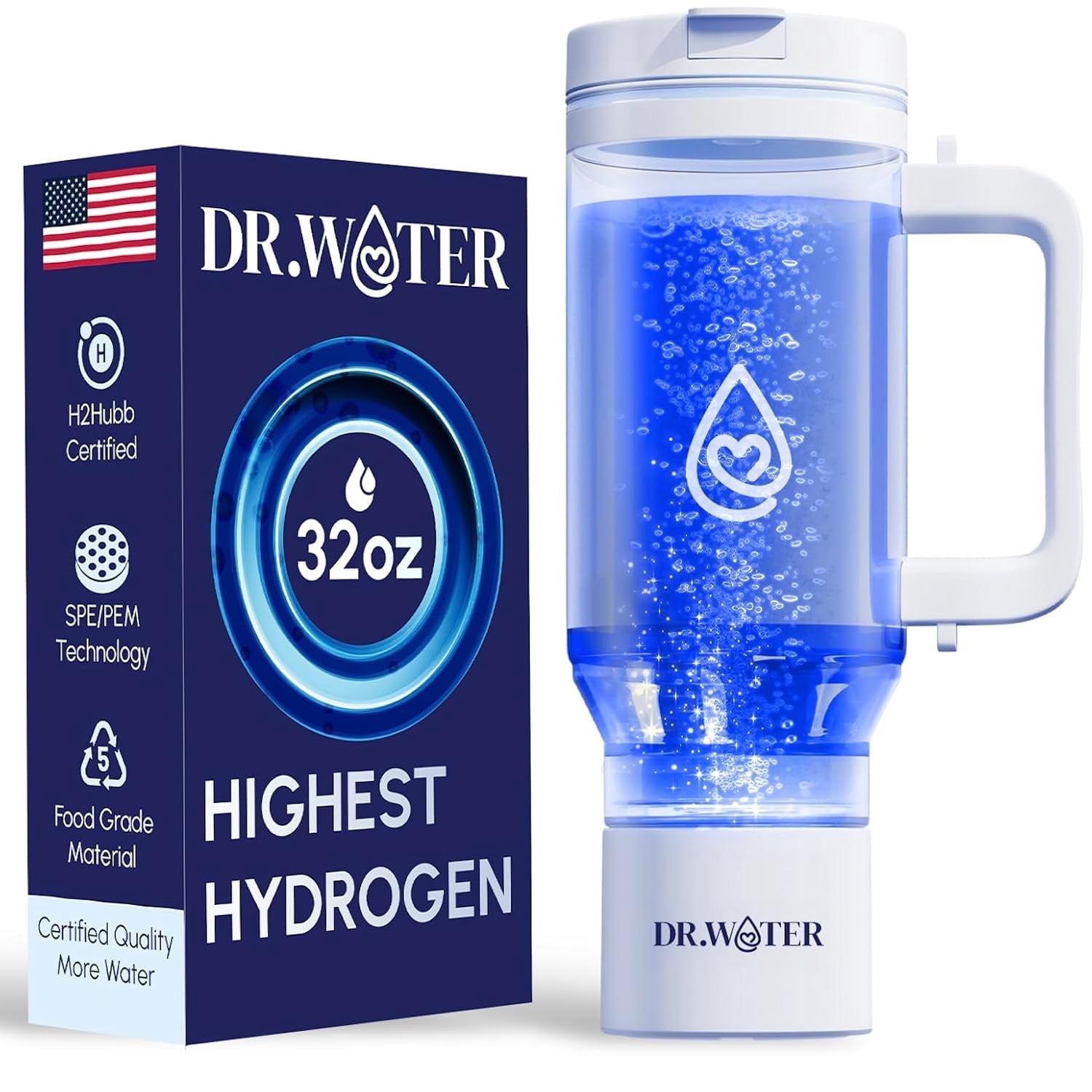 Dr.Water Hydrogen Water Tumbler | 3X More Hydrogen Concentration | 32oz Hydrogen Water Generator | Hydro Tumbler 3PPM White