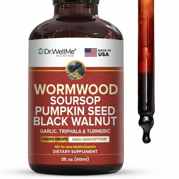 Dr.WellMe Wormwood Soursop Liquid Drops (2 fl oz, 60 ml) | Pumpkin Seeds, Black Walnut | Garlic, Triphala, Turmeric | Immune Boost, Digestive Health & Detox Support