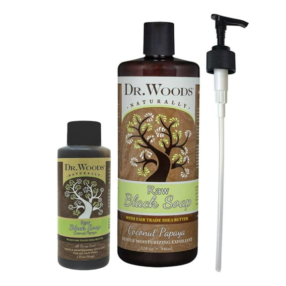 Dr. Woods Coconut Papaya Raw Black Soap - Luxurious Natural Cleanser for All Skin Types, 32 oz with Bonus 2 oz Travel Size and Pump- Hydrating, Exfoliating, Eco-Friendly & Cruelty-Free, Pack of 3