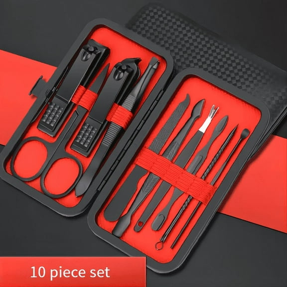 Dr.pedi 10-Piece Nail Clipper Set with Travel Case, Black Stainless Steel Clippers and Cuticle Nippers, Professional Grooming Kit for Home or Travel