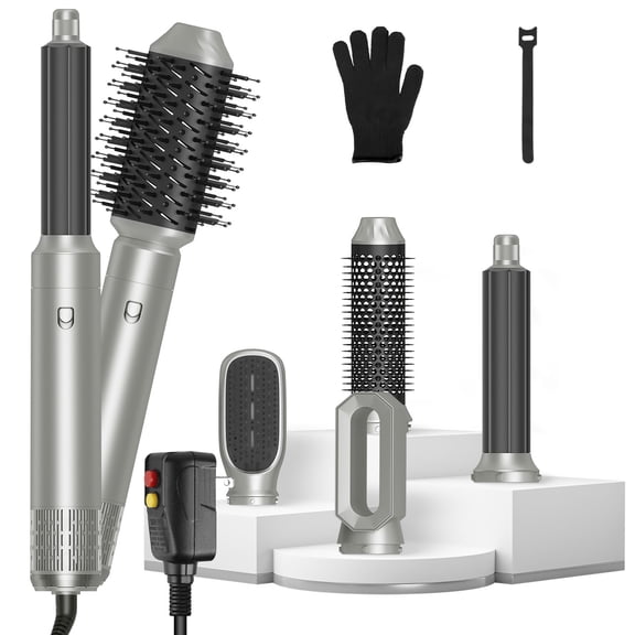Dr.pedi 6-in-1 Hot Air Styler Set - Hair Straightener, Curler, Volumizer & Blow Dryer Brush with 3 Heat Settings, ALCI Plug, Glove & Attachments, Silver