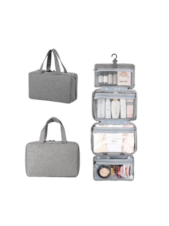 Travel Toiletry Bag for Women Waterproof Hanging Organizer with 4 Compartments Compact Makeup and Hygiene Bag for Travel Bathroom or Gym (Gray)