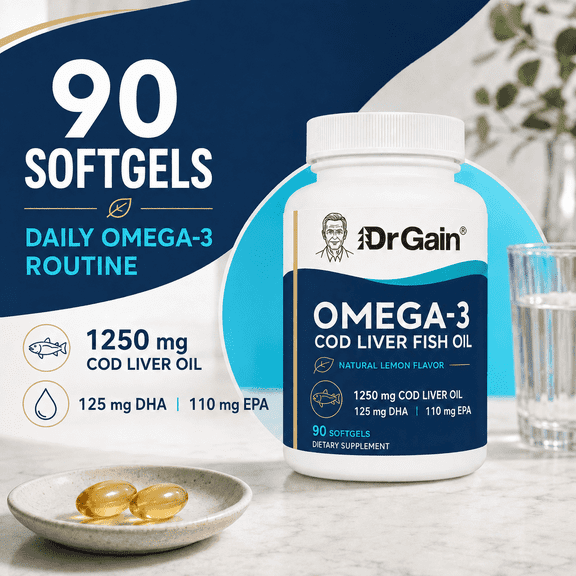 DrGain Omega-3 Cod Liver Fish Oil 1250mg, Heart & Brain Health Support, Natural Lemon Flavor, 90 Softgels