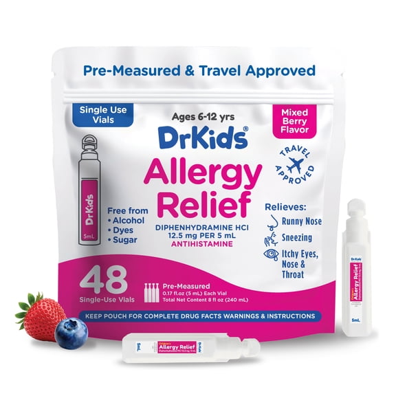 DrKids Children's Allergy Relief Medicine with Diphenhydramine - Pre-Measured Single-Use Vials - Antihistamine for Sneezing, Runny Nose & Itchy Eyes, Mixed Berry Flavor, 48 Vials
