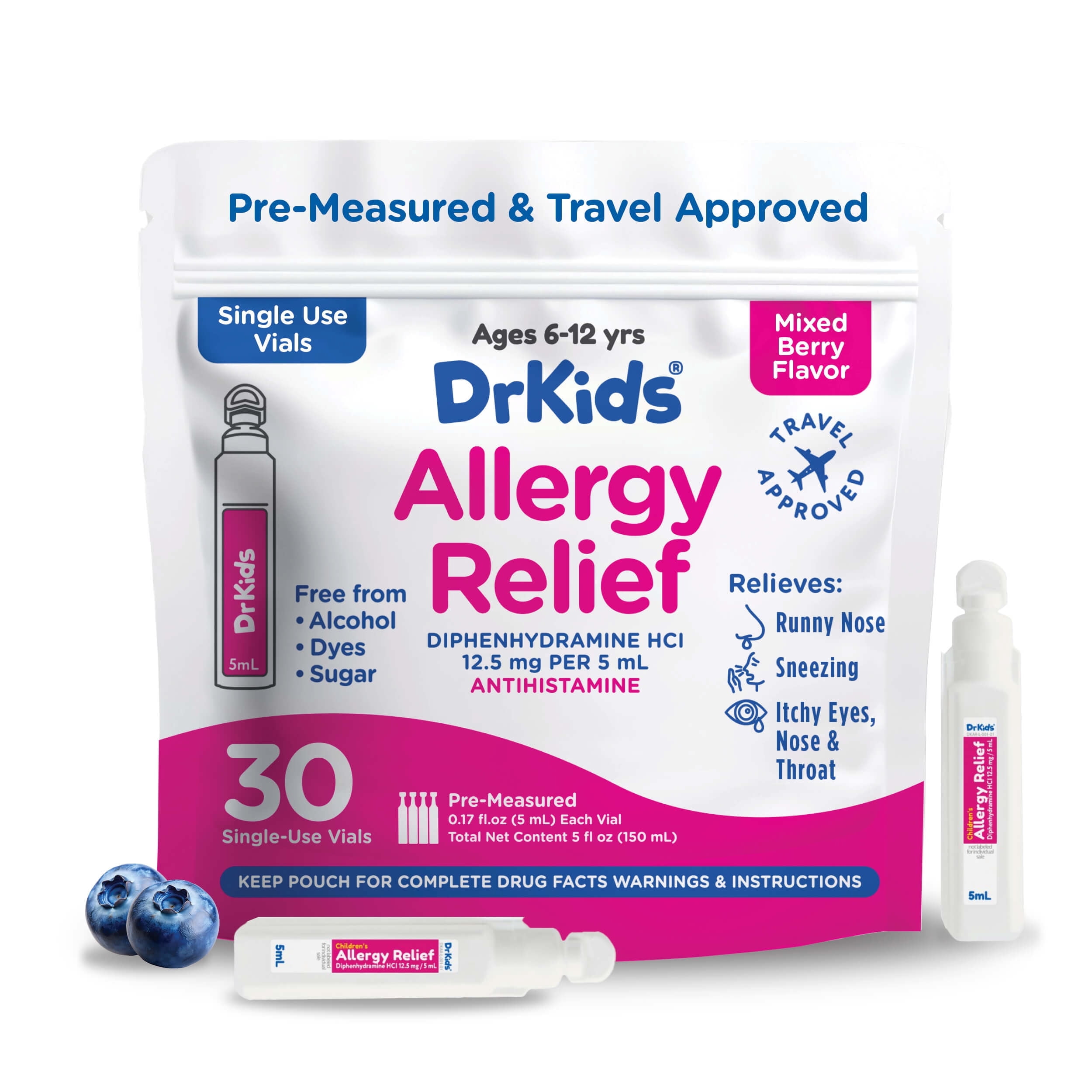 DrKids Children's Allergy Relief Medicine with Diphenhydramine - Pre-Measured Single-Use Vials - Antihistamine for Sneezing, Runny Nose & Itchy Eyes, Mixed Berry Flavor, 30 Vials
