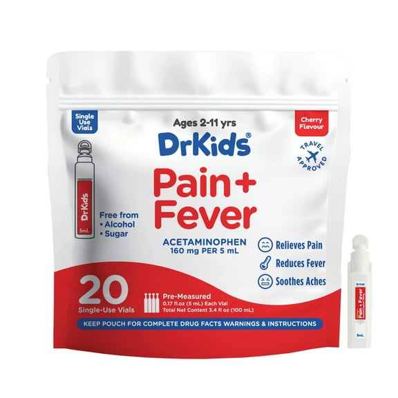 DrKids Children's Pain + Fever, Ages 2-11 Years, Cherry, 20 Pre-Measured Single-Use Vials, 0.17 fl oz (5 ml) Each