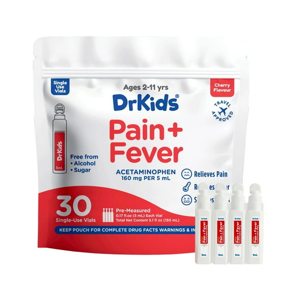DrKids Children's Pain + Fever, Ages 2-11 Years, Cherry, 30 Pre-Measured Single-Use Vials, 0.17 fl oz (5 ml) Each