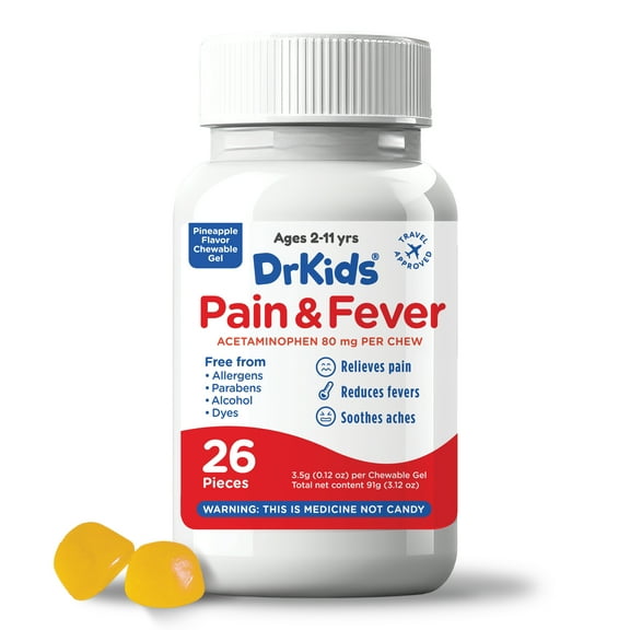 DrKids Childrens Pain and Fever Chewable Gels - Kids Chewable Acetaminophen for Kids Ages 2-11, Pre-Measured Soft Chews for Headache, Sore Throat, Cold and Flu, Pineapple Flavor, 26 Pieces.