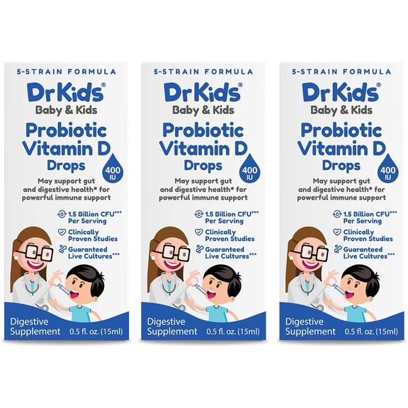DrKids Probiotic Vitamin D Drops, Clinically Proven Strains, May Support Infant & Child Gut and Digestive Health*, Powerful Immune Support and Guaranteed Live Cultures, 0.5 fl. Oz. (15 ml). 3 Pack