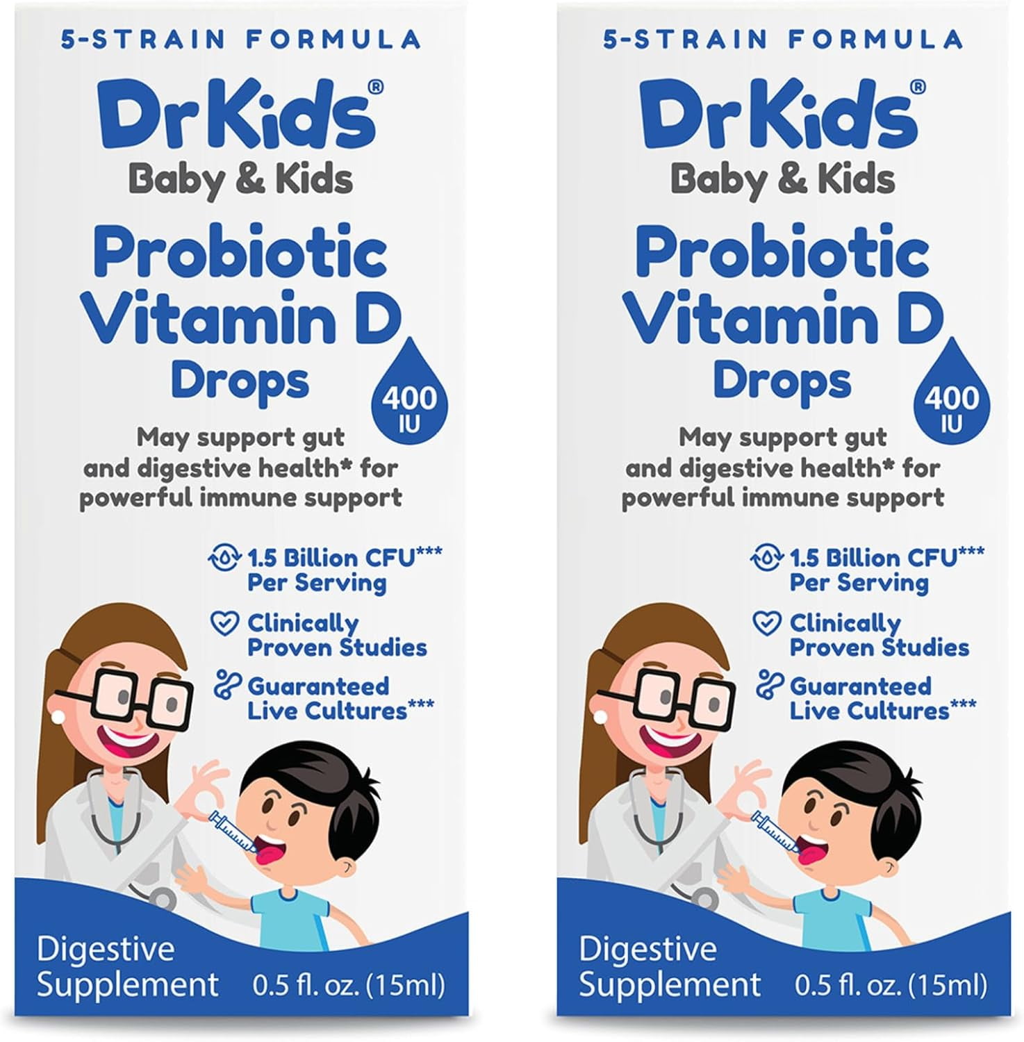 DrKids Probiotic Vitamin D Drops, Clinically Proven Strains, May Support Infant & Child Gut and Digestive Health*, Powerful Immune Support and Guaranteed Live Cultures, 0.5 fl. Oz. (15 ml). 2 Pack
