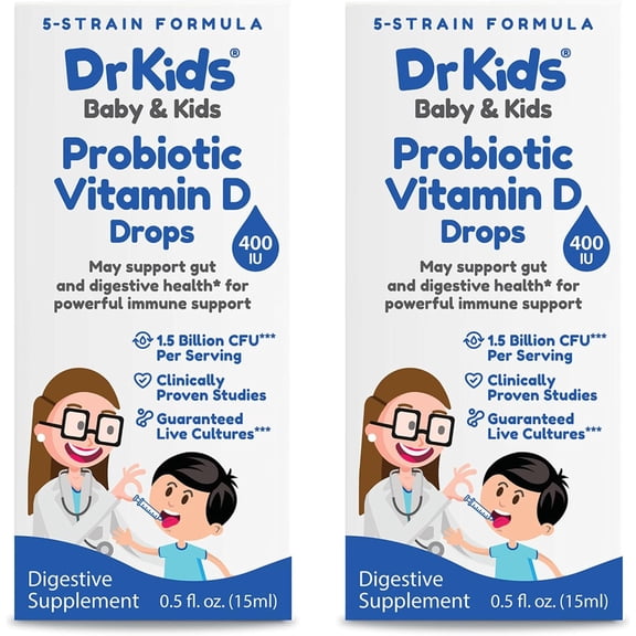 DrKids Probiotic Vitamin D Drops, Clinically Proven Strains, May Support Infant & Child Gut and Digestive Health*, Powerful Immune Support and Guaranteed Live Cultures, 0.5 fl. Oz. (15 ml). 2 Pack
