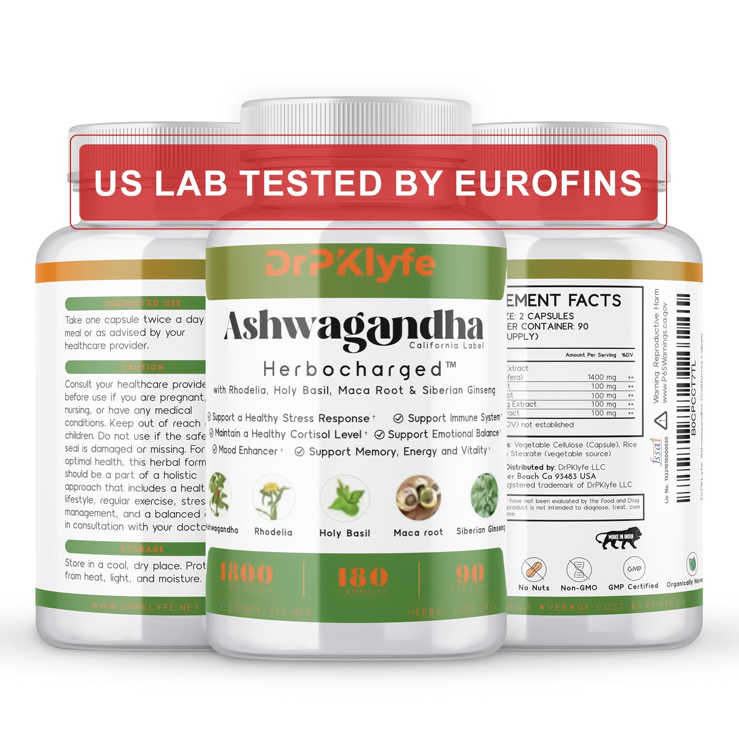 DrPKLyfe Adaptogen Supplement - Ashwagandha Complex Blend 5-in-1 with Rhodiola Rosea, Maca, Ginseng, Holy Basil - Focus, Energy and Vitality for Men & Women - 3 Month Supply (180 Capsules)