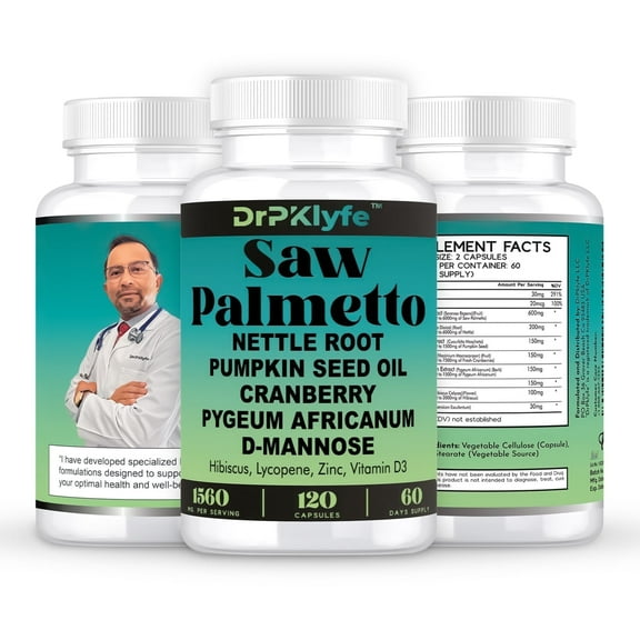 DrPKLyfe Saw Palmetto Herbal Capsule Complex with Nettle Root, Pumpkin Seed Oil, Cranberry, Pygeum Africanum and D- Mannose- 1560 mg – Bladder and Prostate Health.