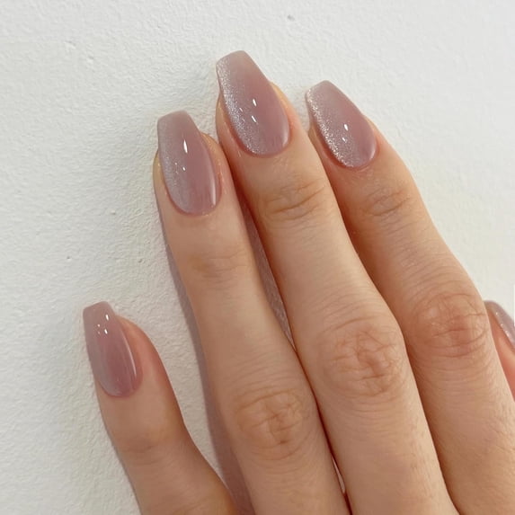 Drab Pink Velvet Press On Nails Medium Coffin False Nails Glossy Cat Eye Fake Nails for Women's Daily Wear, Dusty Rose Acrylic Full Cover Stick On Nails with Nail Glue in 12 Sizes - 24 Nail Kit Ombre