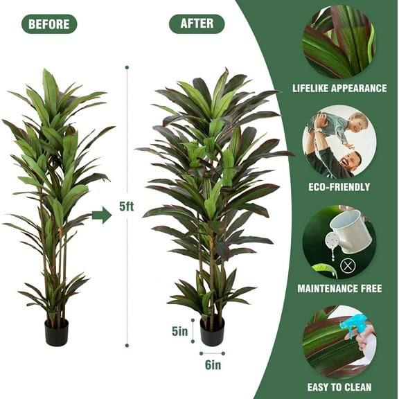 Dracaena Artificial Plant 5ft Red Yucca Silk Tree Faux Plants Indoor Tall Fake House Floor Plants Realistic Artificial Trees for Home Office Decor Indoor Outdoor Housewarming Gift