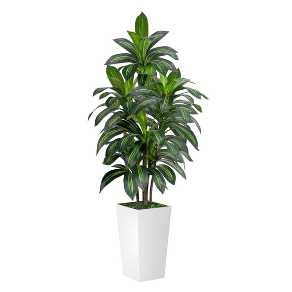ROMSWI Dracaena Artificial Tree 5ft Tall Pre Potted Dracaena Trees with White Tall Square Planter for Indoor Outdoor Home Office Decor