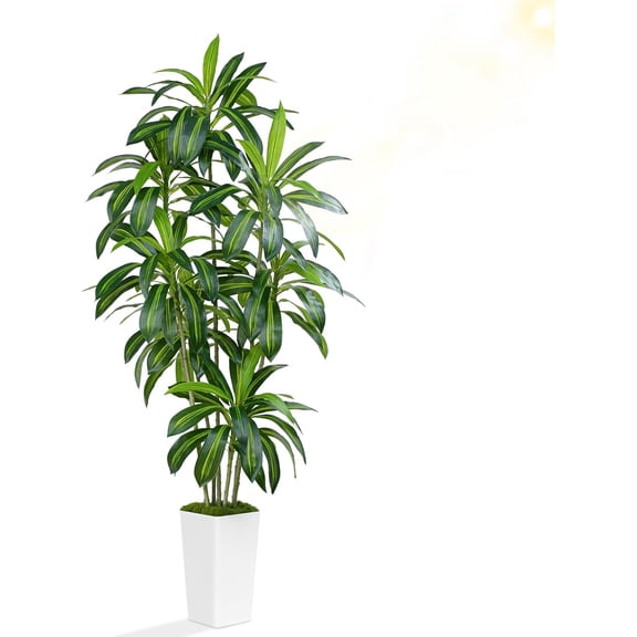 "Dracaena Artificial Tree 7Ft Tall Fake Tropical Floor Plant Potted (Real Touch) Artificial Silk Leaf with White Tall Planter for Home Office Living Room Indoor Outdoor Decor