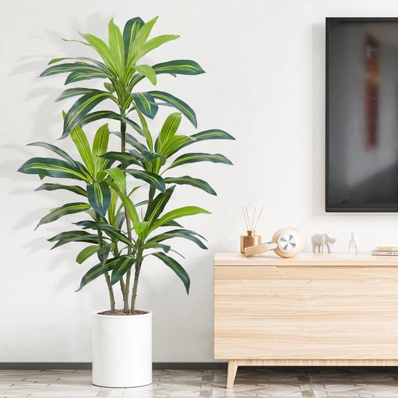 Dracaena Plant Artificial Tree 4Ft Tall Fake Tropical Floor Plants Potted (Real Touch) Artificial Silk Tree Leaf Faux Trees Black Tall Planter for Home Office Living Room Indoor Outdoor Decor