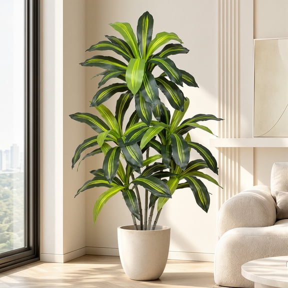 Dracaena Plant Artificial Tree 4Ft Tall Fake Tropical Floor Plants Potted (Real Touch) Artificial Silk Tree Leaf Faux Trees Black Tall Planter for Home Office Living Room Indoor Outdoor Decor