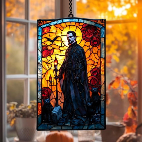 Dracula Acrylic Suncatcher Faux Glass Vampire Lord with Candles, Cats and Blood Moon, Gothic Halloween Window Decor for Haunted Homes