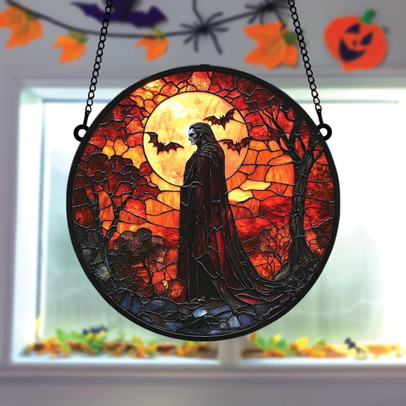 Dracula Acrylic Suncatcher Faux Glass Vampire Silhouette in Autumn Forest with Bats, Gothic Halloween Window Decor for Spooky Homes