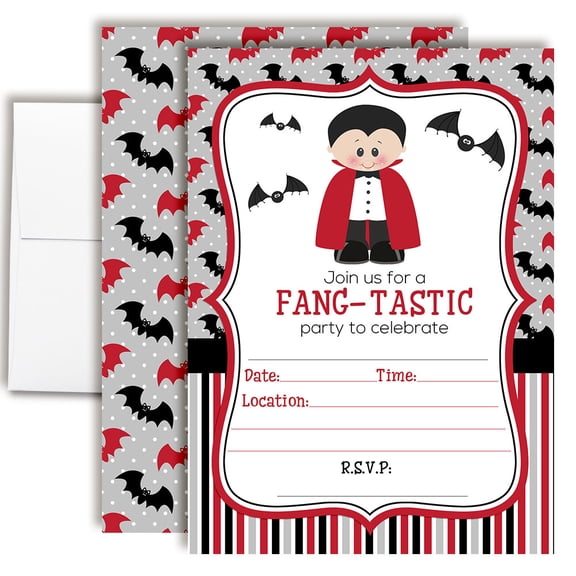 Dracula Fang-Tastic Birthday Invitations for Kids, 20 Fill-In Cards with Envelopes, 5x7 Children's Party Invitations, Birthday Party Supplies, Made in USA by Amanda Creation
