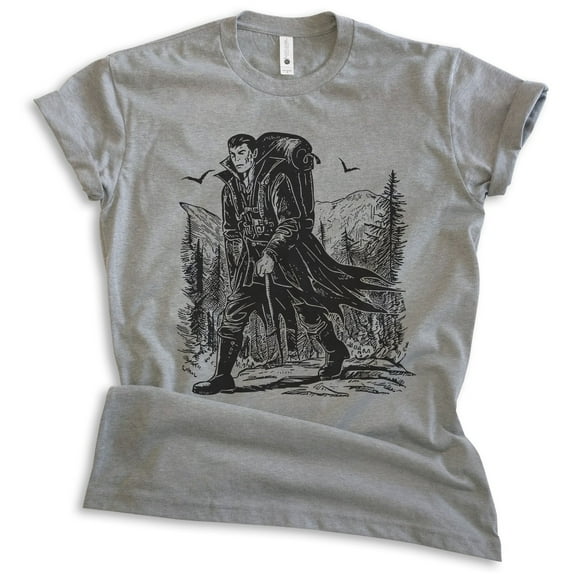 Dracula Hiking T-shirt, Unisex Women's Men's, Dracula Vampire Hiking Hiker Mountains Transylvania, Dark Heather Gray, X-Small