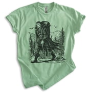 Dracula Hiking T-shirt, Unisex Womens Mens, Dracula Vampire Hiking Hiker Mountains Transylvania, Heather Apple Green, Medium