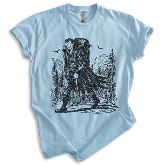 Dracula Hiking T-shirt, Unisex Women's Men's, Dracula Vampire Hiking Hiker Mountains Transylvania, Heather Light Blue, XX-Large