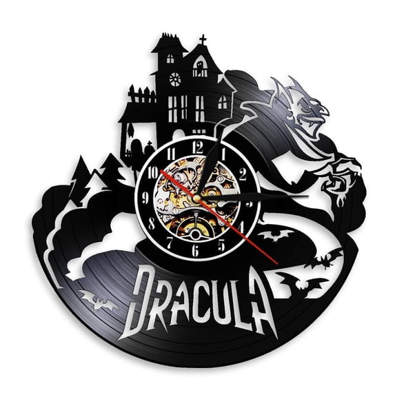 Dracula's Castle Wall Art Wall Clock Halloween Dark Horror Home Decoration Gothic Vampire Bats Vintage Vinyl Record Wall Clock Without LED