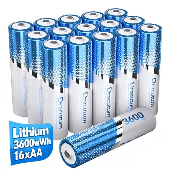 Dracutum Rechargeable AA Batteries, 16 Pack 3600mWh Lithium High Capacity 1.5V Constant Power for Toys, Cameras, Xbox Controllers, Keyboards and More (No Charger)
