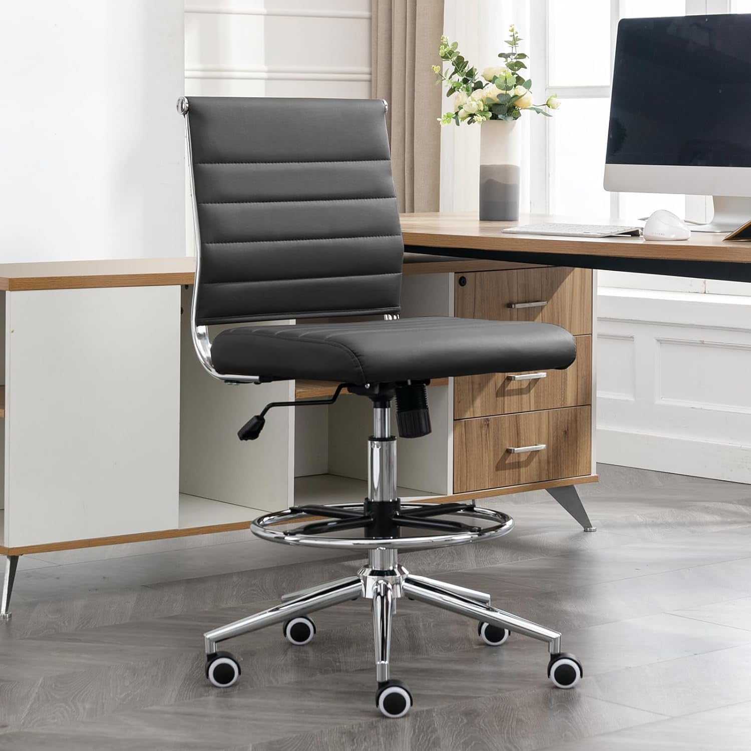Drafting Chair Armless Desk Stool, 400 LBS Ergonomic Leather Tall Office Chair with Adjustable Foot Ring, Modern Standing Desk Chair with Ribbed Mid Back, Swivel Rolling Drafting Stool.